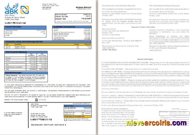 Egypt Al Ahli Bank of Kuwait bank mortgage statement, 2 pages, 1-2